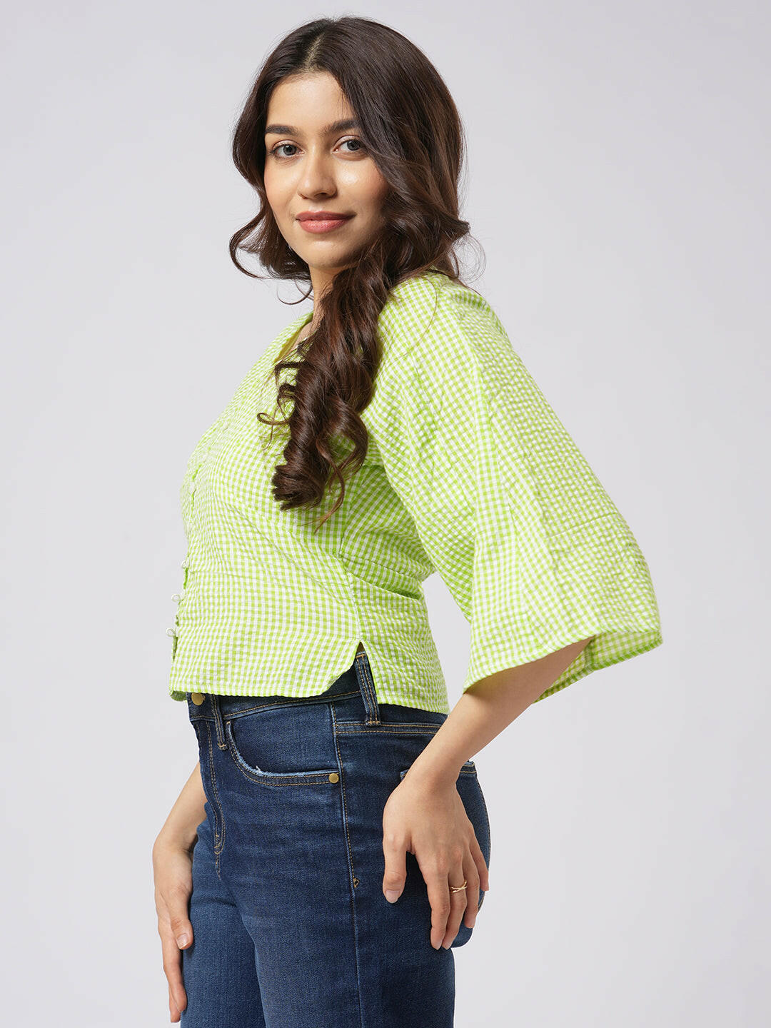 Bell Sleeve Gingham Top.